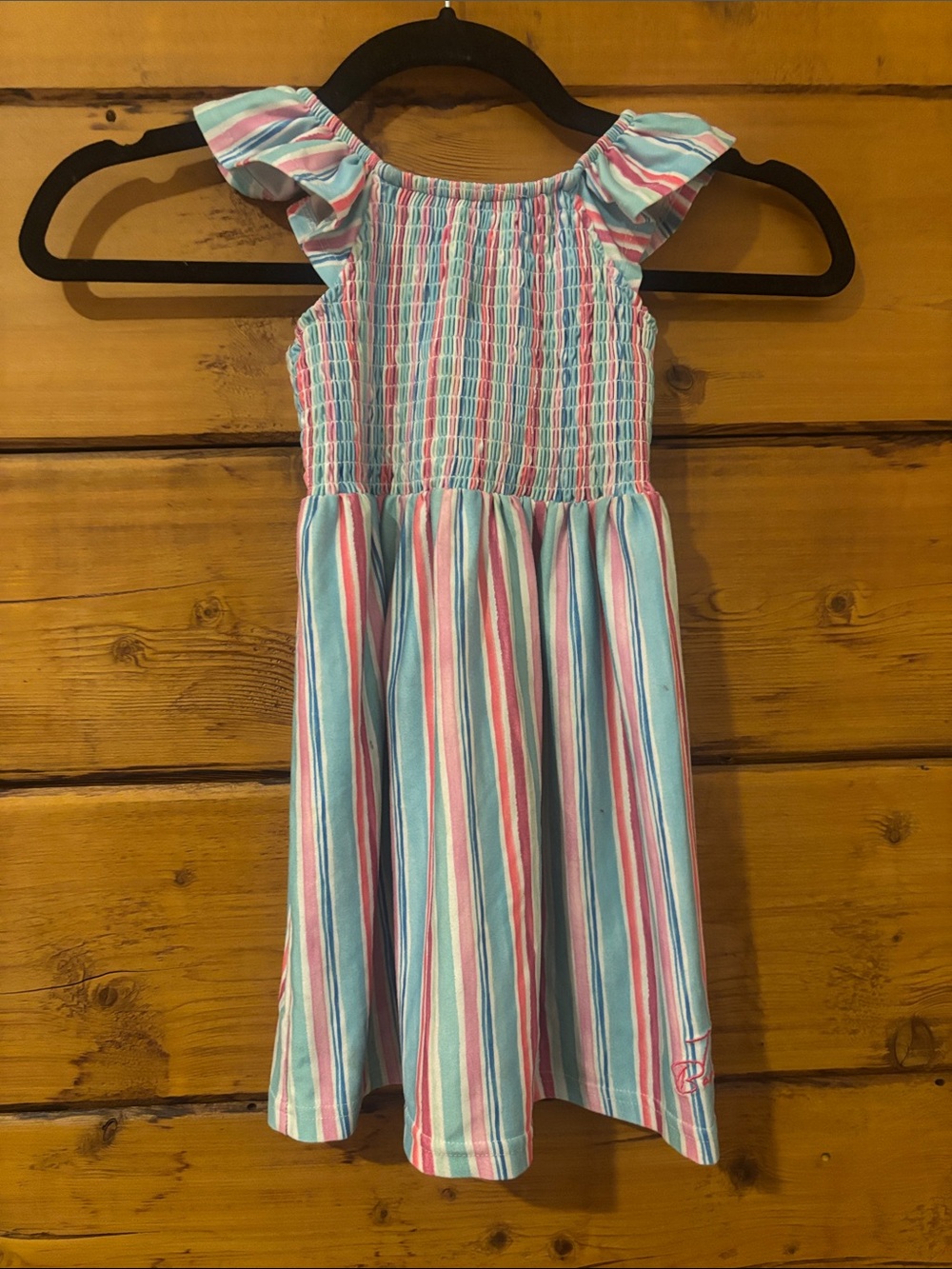Girls' Pink & Blue Striped Sundress with Ruffle Shoulders